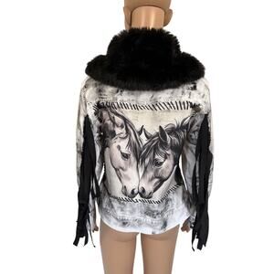 Upcycled White Corduroy Lover Horse Yin Yang Jacket Western M Fringes Cowgirl